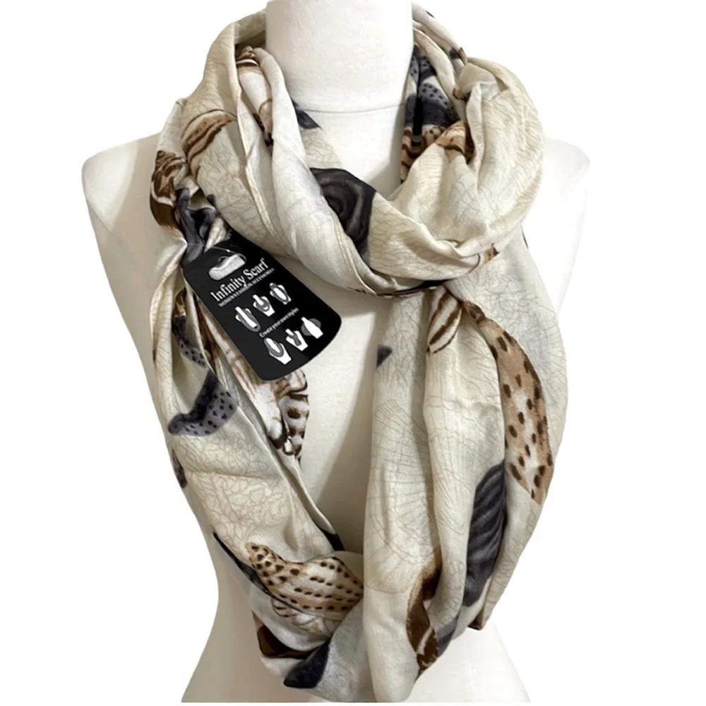 New Seashell Print Infinity Scarf Tan with Gray, Brown Shades Minimalist Coastal